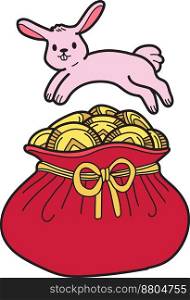 Hand Drawn rabbit with chinese money bag illustration isolated on background