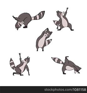 Hand drawn raccoon do yoga. Asana set. Cute wildlife animal character do fitness. Isolated vector design.. Hand drawn raccoon do yoga