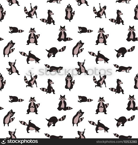 Hand drawn raccoon vector seamless pattern. Trendy graphic wallpaper, background, fabric and textile print design. Cute wildlife animal character in yoga asana.. Design seamless pattern with hand drawn raccoon in yoga asana.