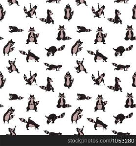 Hand drawn raccoon vector seamless pattern. Trendy graphic wallpaper, background, fabric and textile print design. Cute wildlife animal character in yoga asana.. Design seamless pattern with hand drawn raccoon in yoga asana.