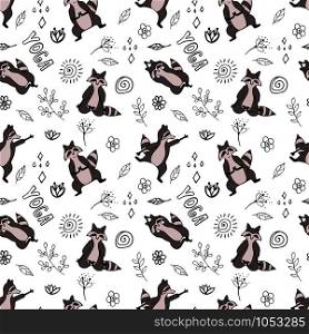 Hand drawn raccoon vector seamless pattern. Trendy graphic wallpaper, background, fabric and textile print design. Cute wildlife animal character in yoga asana.. Design seamless pattern with hand drawn raccoon in yoga asana.
