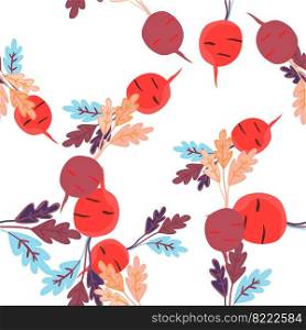 Hand drawn radish seamless pattern. Radish with leaves backdrop. Vegetarian healthy food backdrop. Design for fabric, textile print, wrapping paper. Vector illustration. Hand drawn radish seamless pattern. Radish with leaves backdrop.