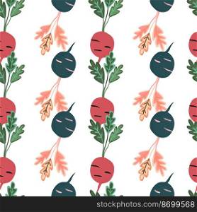 Hand drawn radish seamless pattern. Radish with leaves backdrop. Vegetarian healthy food backdrop. Design for fabric, textile print, wrapping paper. Vector illustration. Hand drawn radish seamless pattern. Radish with leaves backdrop.