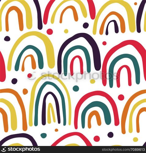 Hand drawn rainbows seamless pattern. Polka dot wallpaper. Vector background. Simple design for fabric, textile print, wrapping.. Hand drawn rainbows seamless pattern. Polka dot wallpaper.