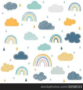 Hand drawn raindrop and cloud pattern