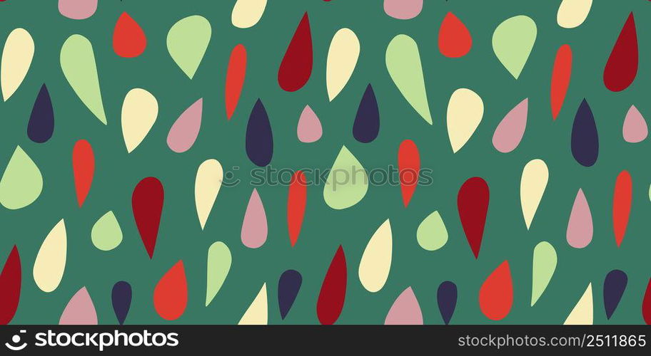 Hand drawn raindrops seamless pattern om green background. Water drops wallpaper. Doodle rain backdrop. Scandinavian style. Design for fabric, textile print, wrapping, cover. Vector illustration. Hand drawn raindrops seamless pattern om green background. Water drops wallpaper. Doodle rain backdrop. Scandinavian style.