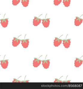 Hand drawn raspberry seamless pattern vector illustration. Summer berry background. Print red berries on white backing. Model for textile, packaging and design. Hand drawn raspberry seamless pattern vector illustration