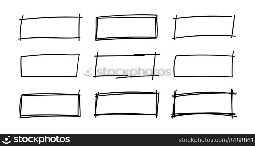 Hand drawn rectangle frames. Grungy scribble rectangle frames. Doodle geometric borders. Pen ink empty black text boxes set. Vector illustration isolated on white background.. Hand drawn rectangle frames. Grungy scribble rectangle frames. Doodle geometric borders. Pen ink empty black text boxes set. Vector illustration isolated on white background