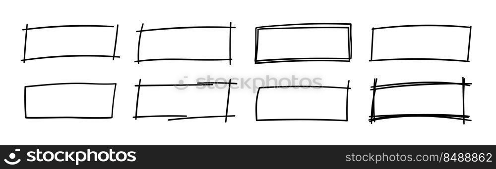 Hand drawn rectangle frames. Grungy scribble rectangle frames. Doodle geometric borders. Pen ink empty black text boxes set. Vector illustration isolated on white background.. Hand drawn rectangle frames. Grungy scribble rectangle frames. Doodle geometric borders. Pen ink empty black text boxes set. Vector illustration isolated on white background