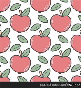 Hand drawn red apples and leaves seamless pattern. Ripe fruit background. Healthy organic food print for textile, wallpaper, paper and design, vector illustration. Hand drawn red apples and leaves seamless pattern