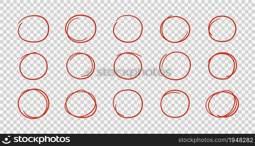 Hand drawn red circles. Highlight round frames. Ovals in doodle style. Set of vector illustration isolated on transparent background.. Hand drawn red circles. Highlight round frames. Ovals in doodle style. Set of vector illustration isolated on transparent background