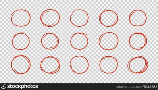Hand drawn red circles. Highlight round frames. Ovals in doodle style. Set of vector illustration isolated on transparent background.. Hand drawn red circles. Highlight round frames. Ovals in doodle style. Set of vector illustration isolated on transparent background