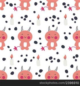 Hand drawn red devils seamless pattern with spots and candles. Perfect for T-shirt, textile and prints. Cartoon style vector illustration for decor and design.