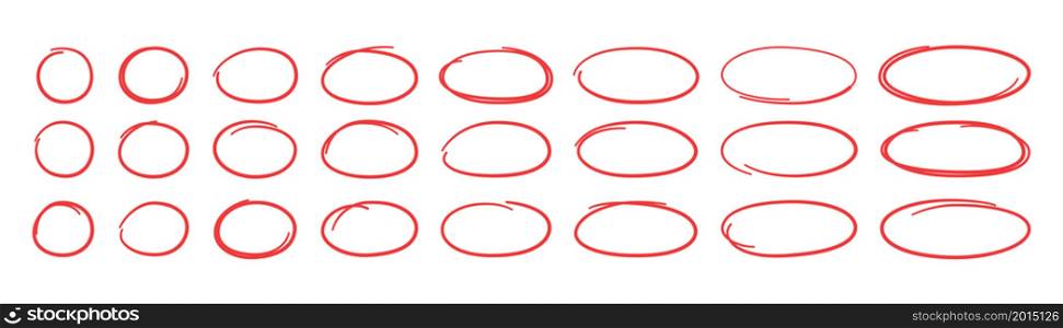 Hand drawn red ovals and circles set. Ovals of different widths. Highlight circle frames. Ellipses in doodle style. Set of vector illustration isolated on white background.. Hand drawn red ovals and circles set. Ovals of different widths. Highlight circle frames. Ellipses in doodle style. Set of vector illustration isolated on white background