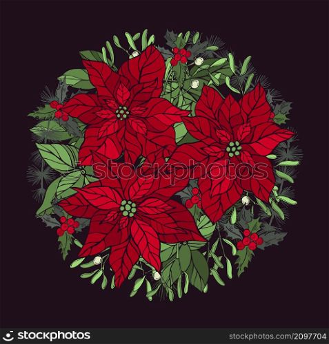 Hand drawn red poinsettias and Christmas plants in a circle. Sketch illustration.. Red poinsettias and Christmas plants.