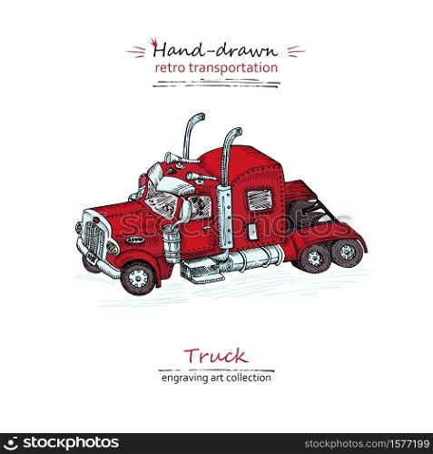 Hand drawn red truck isolated on white background. Vintage sketch christmas lorry transport. Large Industrial car, giant machine. Engraving art style Vector illustration. Hand drawn red truck isolated on white background. Vintage sketch christmas lorry transport. Large Industrial car, giant machine. Engraving art style