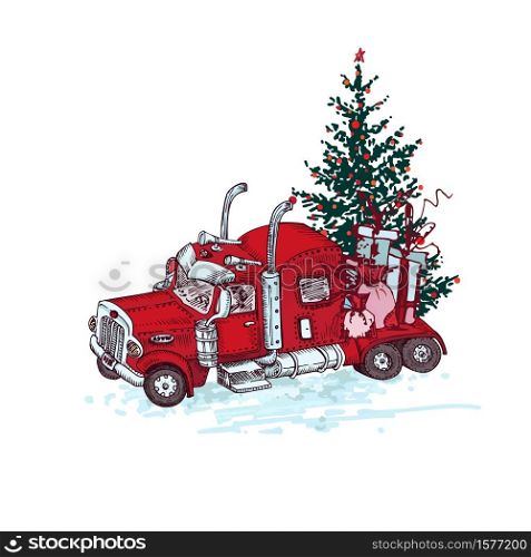 Hand drawn red truck with christmas tree and gifts isolated on white background. Vintage sketch xmas lorry transport. Large Industrial car, giant machine. Engraving art style Vector illustration. Hand drawn red truck with christmas tree and gifts isolated on white background. Vintage sketch xmas lorry transport. Large Industrial car, giant machine. Engraving art style