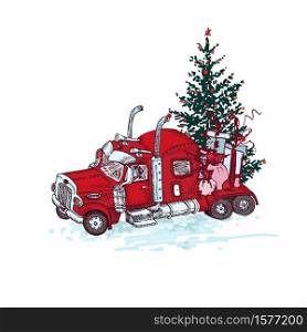 Hand drawn red truck with christmas tree and gifts isolated on white background. Vintage sketch xmas lorry transport. Large Industrial car, giant machine. Engraving art style Vector illustration. Hand drawn red truck with christmas tree and gifts isolated on white background. Vintage sketch xmas lorry transport. Large Industrial car, giant machine. Engraving art style