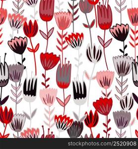 Hand drawn red wild flower seamless pattern. Simple botanical endless background. Doodle flowers in folk style. Blooming texture. Design for fabric, textile print, wrapping, cover. Vector illustration. Hand drawn red wild flower seamless pattern. Simple botanical endless background. Doodle flowers in folk style.
