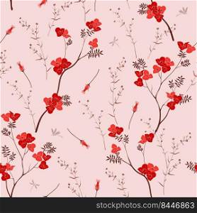 Hand drawn red wild flowers with dragonfly seamless pattern on pastel background,vector illustration
