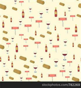 Hand drawn red wine bottles, corks and wine glasses seamless pattern. illustration.. Red wine bottles, corks and wine glasses seamless pattern
