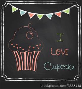 Hand drawn restaurant menu elements. Chalk on board. Cupcake. Vector illustration.