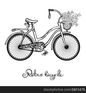 Hand drawn retro bicycle with flower basket isolated on white background vector illustration. Retro Bicycle With Flowers