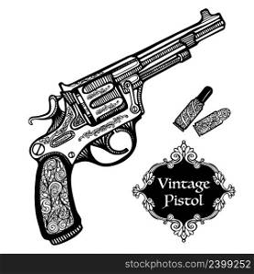 Hand drawn retro Pistols in vintage style with cartridges isolated vector illustration . Hand Drawn Retro Pistols