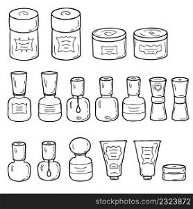 Hand drawn retro style cosmetic jars collection. Doodle vector illustration for decor and design.