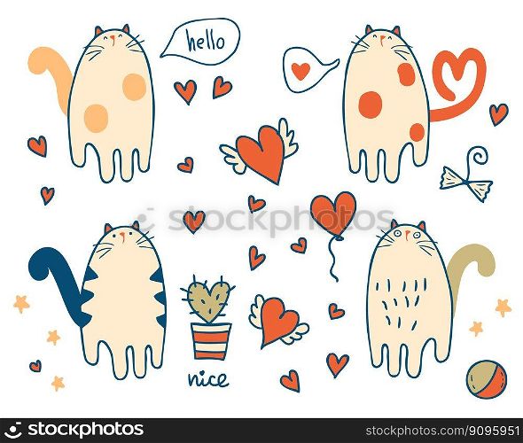 Hand drawn retro style Valentine's cat collection. Perfect for tee, stickers, poster. Isolated vector illustration for decor and design.