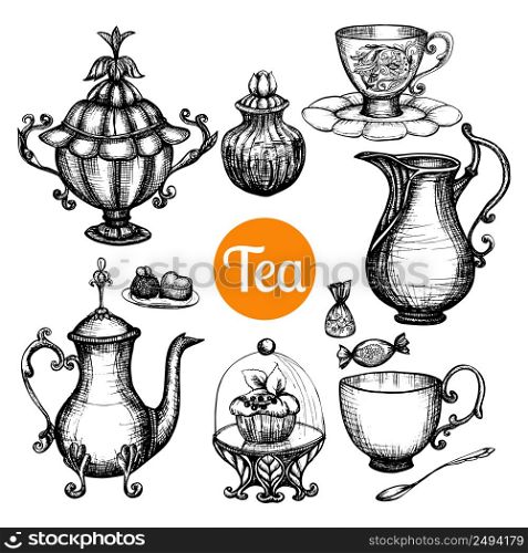 Hand drawn retro tea set with teapot cup cake isolated vector illustration. Hand Drawn Retro Tea Set
