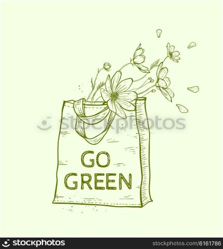 Hand drawn reusable shopping eco bag with flowers. Vector illustration.