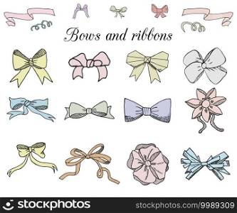 Hand drawn ribbons and bows set vector illustration. A collection of sketchad doodle graphic ribbons and bows, design elements set colored isolated.. Hand drawn ribbons and bows set vector illustration. A collection of sketchad doodle graphic ribbons and bows, design elements set colored isolated
