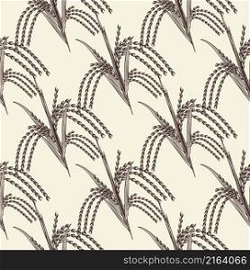 Hand drawn rice grain seamless pattern. Rice ear wallpaper. Engraving vintage style backdrop. Design for wrapping paper, textile print. Vector illustration. Hand drawn rice grain seamless pattern. Rice ear wallpaper.
