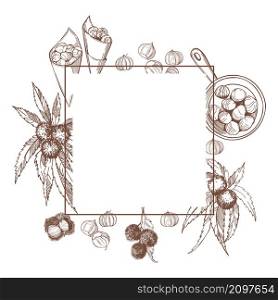 Hand-drawn roasted chestnuts set. Vector frame. Sketch illustration.. Roasted chestnuts set. Vector frame.