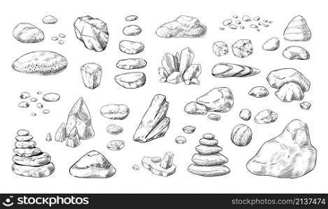 Hand drawn rocks. Gravel stones and boulders sketch. Vintage outline minerals. Engraving pebble piles. Isolated heavy cobblestones and granite rubble. Vector black and white doodle nature elements set. Hand drawn rocks. Gravel stones and boulders sketch. Vintage outline minerals. Pebble piles. Heavy cobblestones and granite rubble. Vector black and white doodle nature elements set