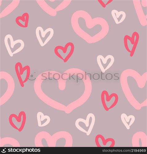Hand drawn romantic seamless pattern with bright pink hearts. Perfect for T-shirt, textile and print. Doodle vector illustration for decor and design.