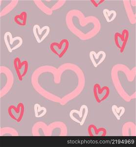 Hand drawn romantic seamless pattern with bright pink hearts. Perfect for T-shirt, textile and print. Doodle vector illustration for decor and design.
