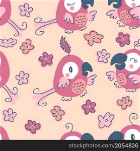 Hand drawn romantic seamless pattern with parrots and flowers. Perfect for T-shirt, textile and print. Doodle vector illustration for decor and design.Hand drawn romantic seamless pattern with parrots and flowers. Perfect for T-shirt, textile and print. Doodle vector illustration for decor and design.