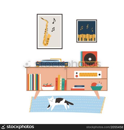 Hand drawn room in a modern flat style - small cabinet, posters, vinyl player, carpet and cat on it. Cozy interior cartoon design. Hand drawn room in a modern flat style - small cabinet, posters, vinyl player, carpet and cat on it