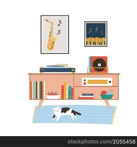 Hand drawn room in a modern flat style - small cabinet, posters, vinyl player, carpet and cat on it. Cozy interior cartoon design. Hand drawn room in a modern flat style - small cabinet, posters, vinyl player, carpet and cat on it
