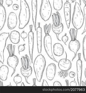 Hand drawn root vegetables on white background.Vector seamless pattern.. Sketch vegetables. Vector pattern.