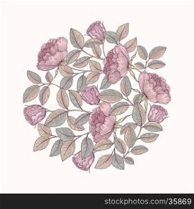Hand drawn rose garden decorative ornament. Pattern for fabric, textile, wrapping paper, card, invitation, wallpaper, web design