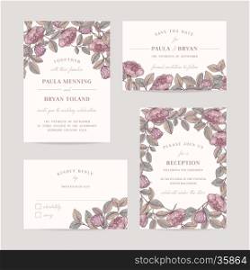 Hand drawn rose garden wedding invitation card set. Invitation, Save the date, RSVP, Reception, Thank you card template with floral background.
