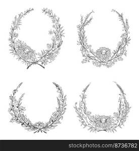 Hand drawn round floral frames. Botanical wreaths decorated with leaves , branches and flower blossom for wedding greeting or invitation card templates. Natural logo elements isolated vector set. 2211 m10 S ST Hand drawn round floral frames