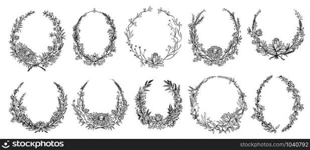 Hand drawn round floral frames. Sketch flower, leaves and branches decoration wreath. Circle flower frame, laurel wreath border or victorian branch vignette. Isolated vector symbols set. Hand drawn round floral frames. Sketch flower, leaves and branches decoration wreath. Circle flower frame vector set