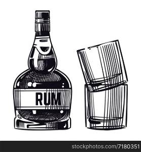 Hand drawn rum and two glasses vector isolated on white background illustration. Hand drawn rum and two glasses vector