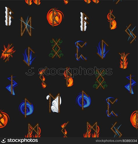 Hand drawn runic letters seamless pattern with elemental symbols. Magic signs and symbols of Scandinavian culture.. Hand drawn runic letters seamless pattern with elemental symbols. Magic signs and symbols of Scandinavian culture