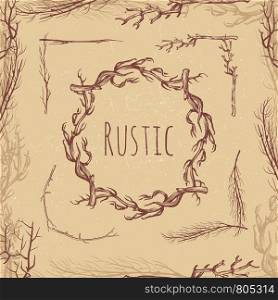 Hand drawn rustic branches vintage style. Rustic angle and frame. Vector illustration. Hand drawn rustic branches vintage style. Rustic angle and frame