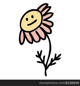 Hand drawn sad chamomile flower in simple doodle style. Perfect for tee, stickers, poster, card. Isolated vector illustration for decor and design.